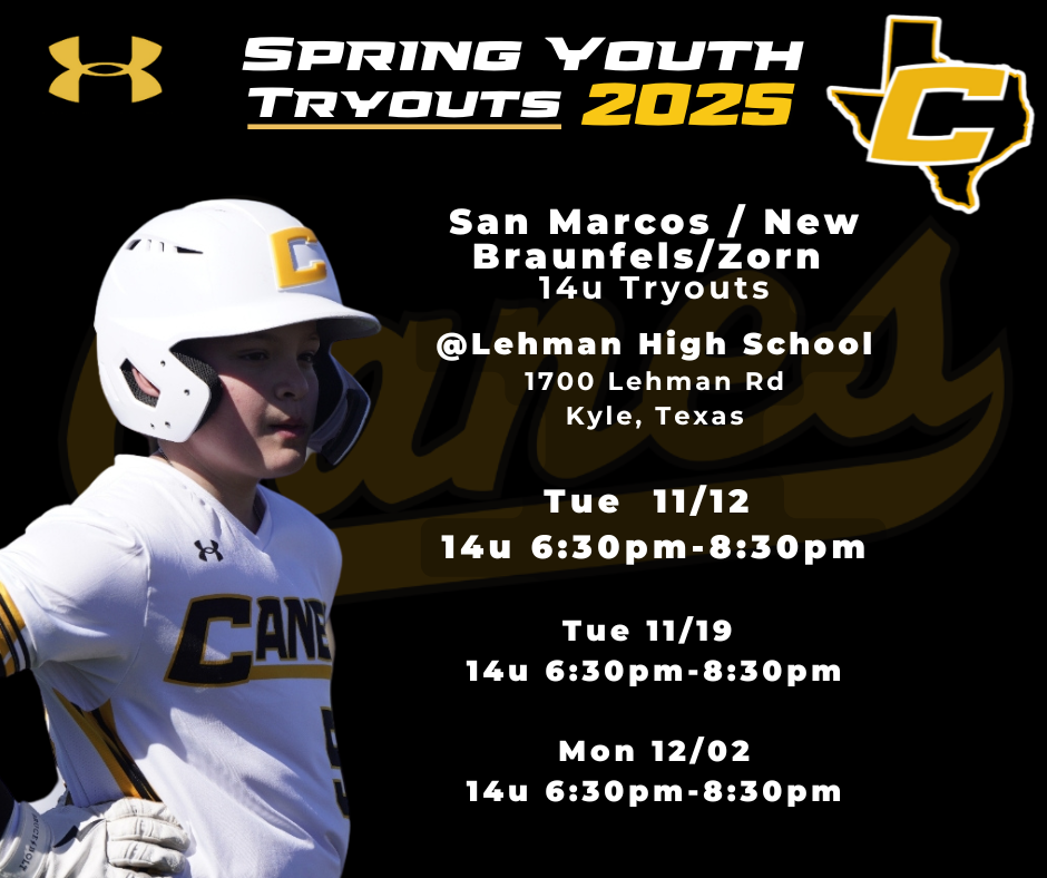 San Marcos New BraunfelsZorn 14u Tryouts @Lehman High School 1700 Lehman Rd Kyle, Texas Tue 1112 14u 630pm-830pm Tue 1119 14u 630pm-830pm Mon 1202 14u 631